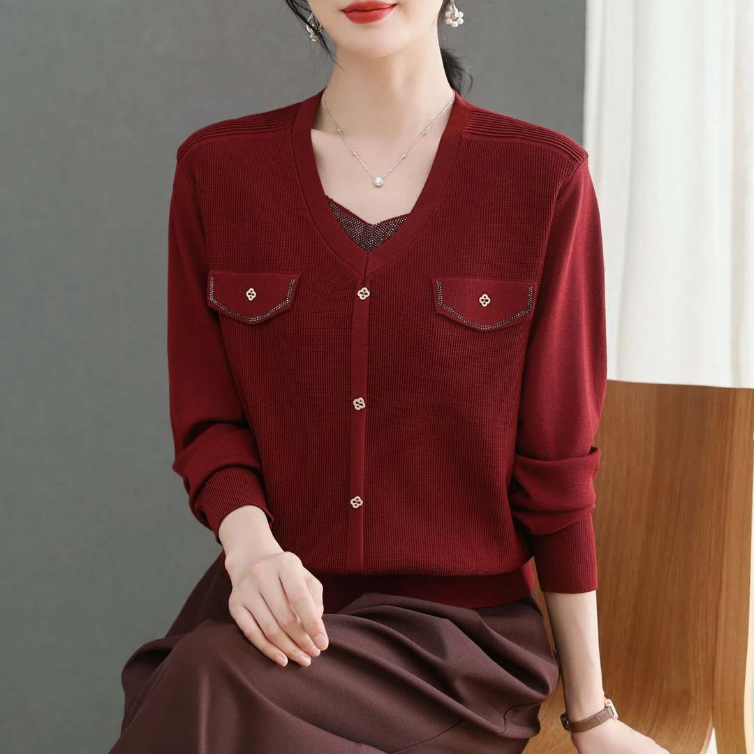 春装气质V领小衫2025新款针织衫洋气长袖上衣XMY-5659
