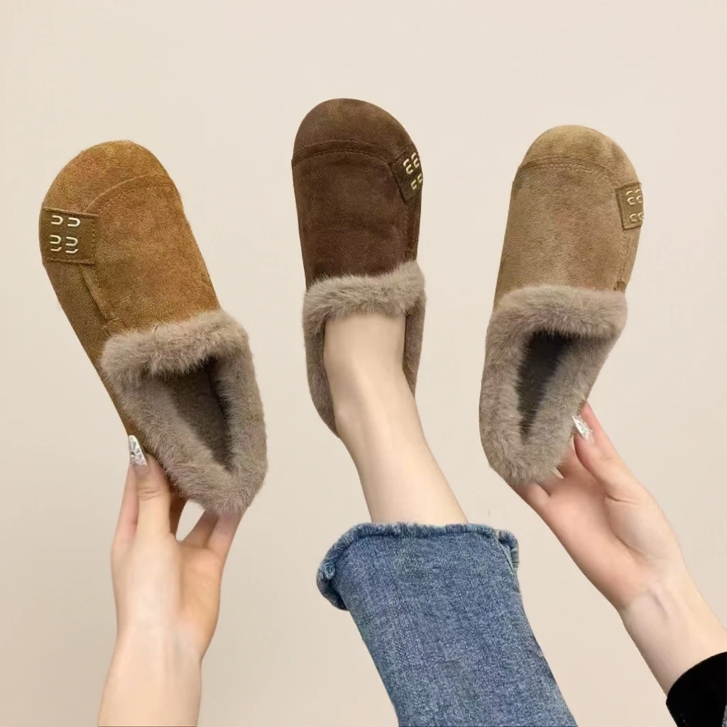 【赠送运费险】网红冬季新款防滑棉鞋女平底加绒保暖复古豆豆鞋