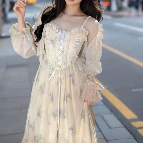 84001 花落绊歌 温柔甜美蕾丝花边吊带裙+开衫两件套/短袖连衣裙