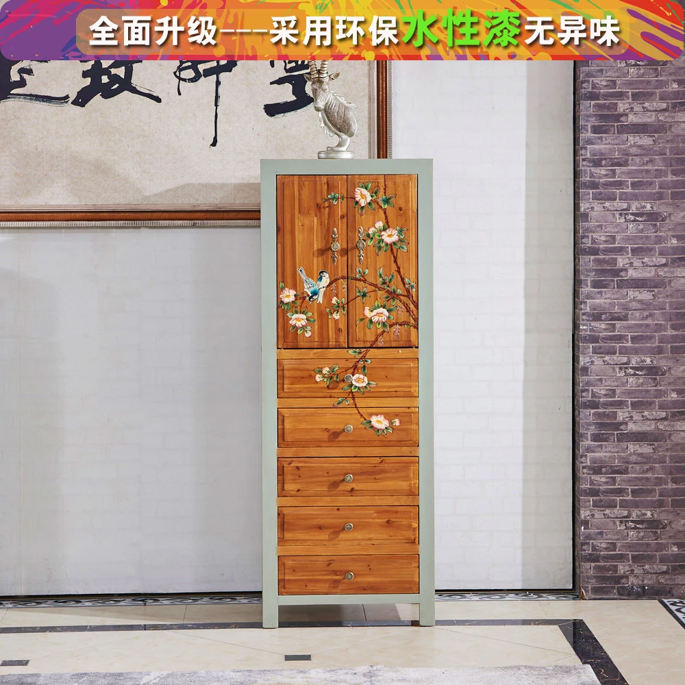 新中式客厅手绘喜上眉梢免打孔两门五斗柜隔断家用