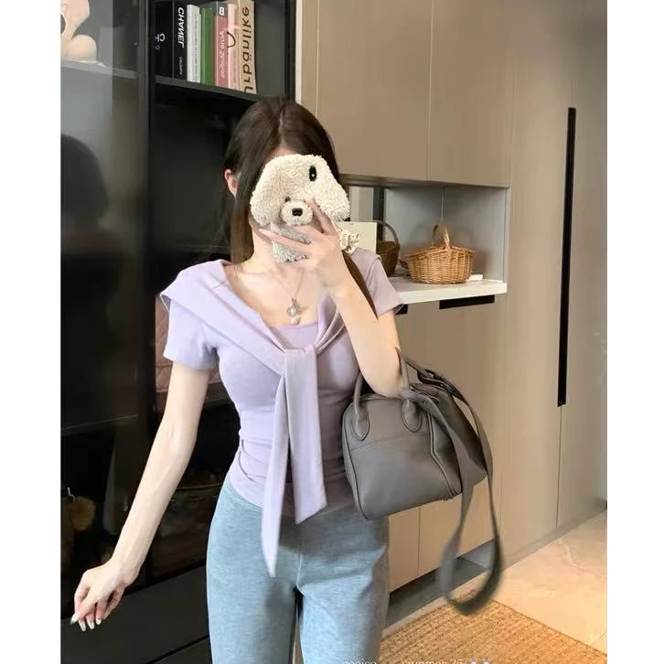 2025夏季简约时尚百搭短袖上衣不规则剪裁设计个性绑带上衣T恤女