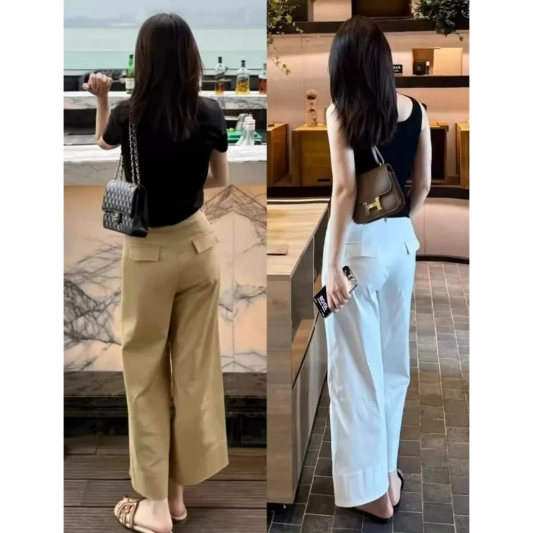 卡其色高腰直筒阔腿休闲裤女夏季新款显瘦梨形身材小个子九分裤