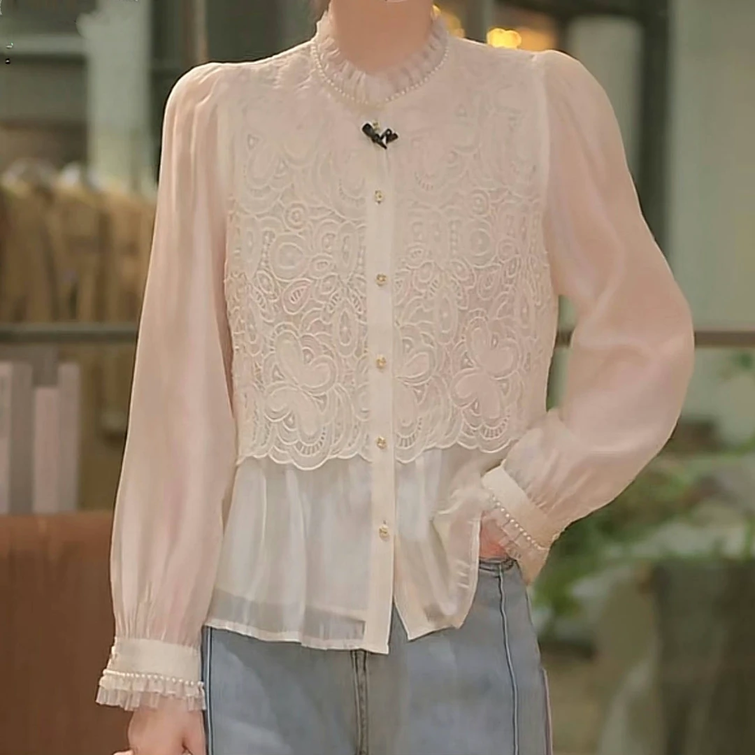 白月光法式淑女蕾丝边衬衫长袖上衣2025春季新款去气质复古衬衣