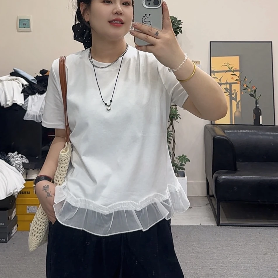 欧朵琦欧朵琦蕾丝荷叶边拼接短袖T恤衫不规则设计感