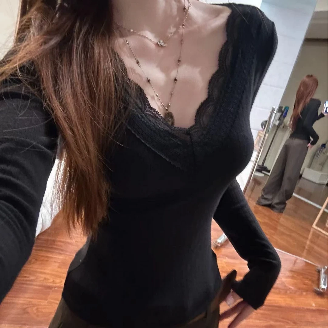 【蕾丝韵味】秋冬好搭子长袖内搭舒服显瘦时尚百搭打底上衣0879