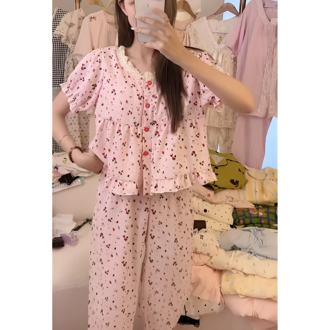 412# 开衫云朵棉短袖长裤薄款甜美宽松带胸垫碎花家居服睡衣套装