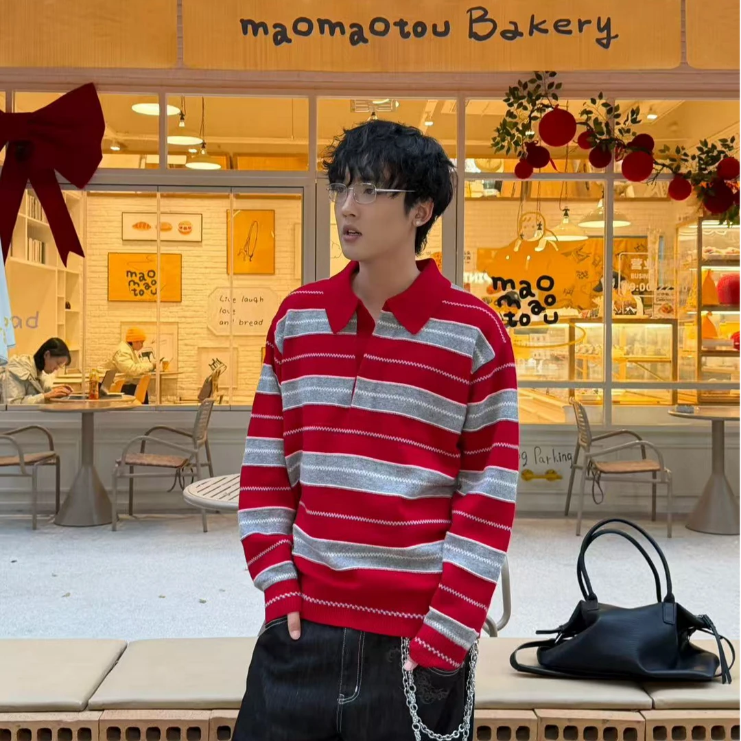 GHOST IN ME 秋冬100%绵羊毛条纹V领打底羊毛衫