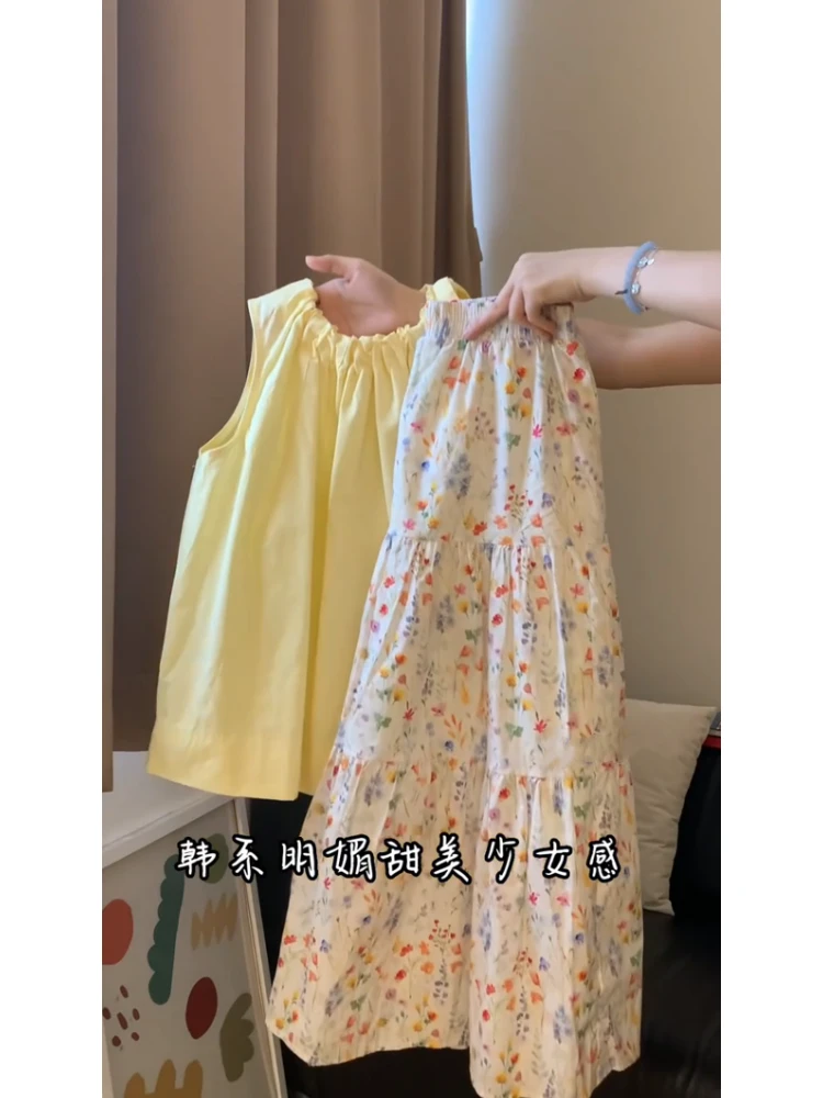 2025年夏季新款韩穿搭套装女无袖衬衫上衣高腰碎花半身裙两件套潮