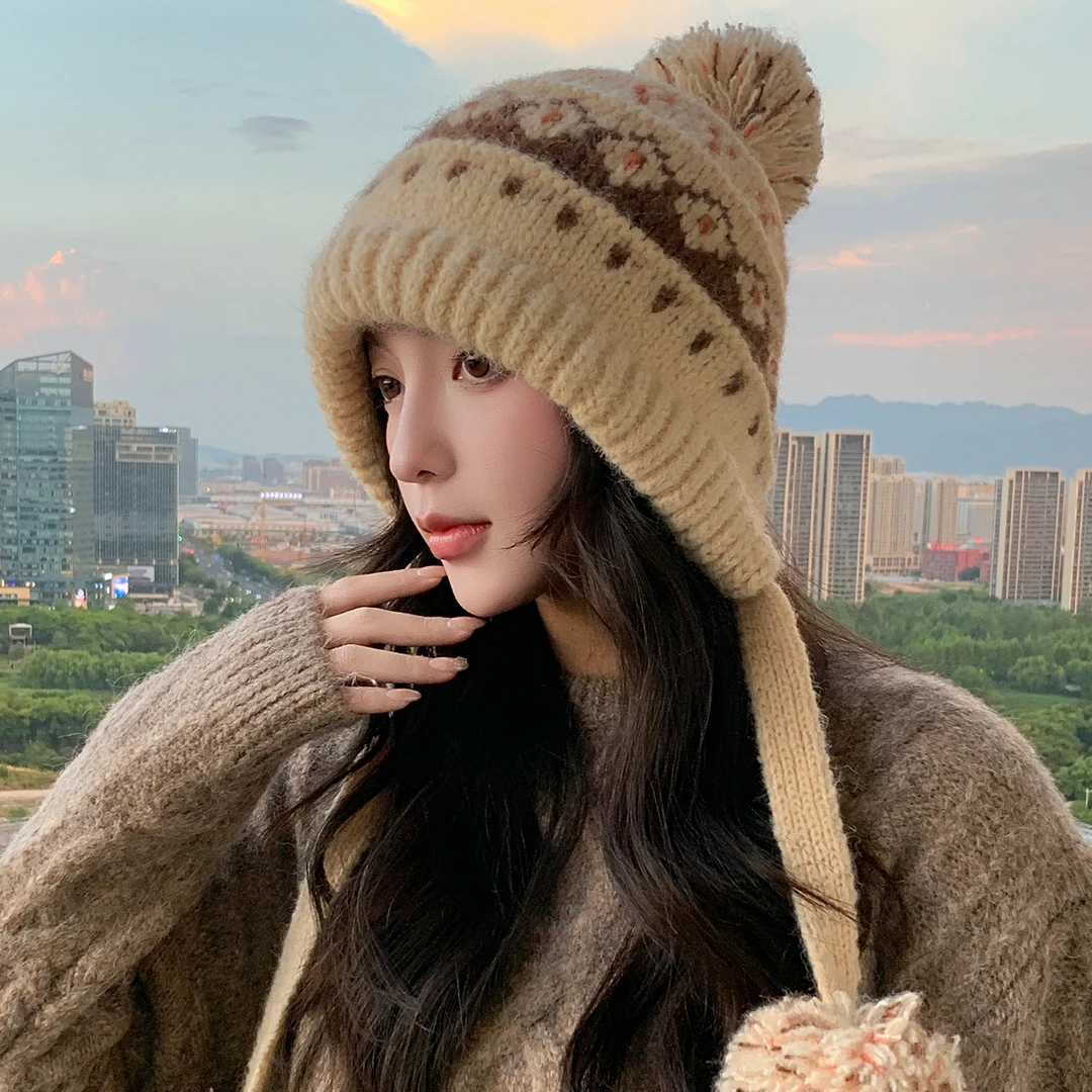 百搭针织帽子女2025秋冬季新款毛绒护耳保暖显脸小套头帽学生冷帽