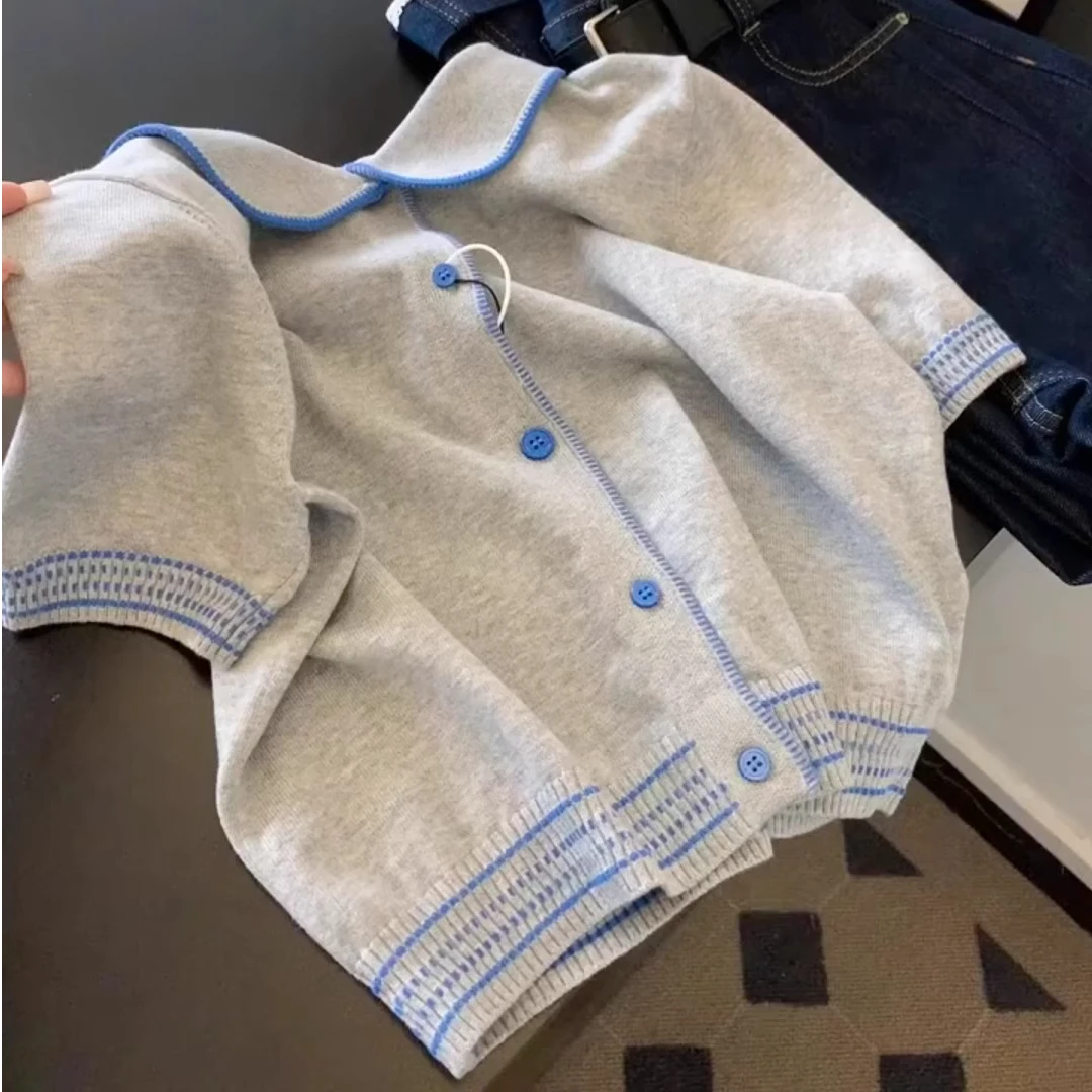 穿过没有想脱的！韩系复古灰蓝撞色时尚休闲针织衫女温柔开衫上衣