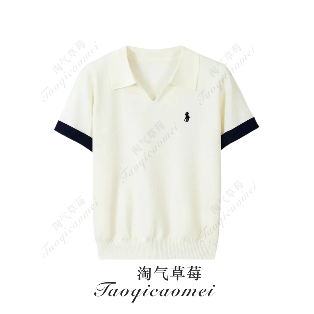 小马刺绣polo衫撞色卷边袖翻领打底衫老钱风v领针织短袖T恤上衣
