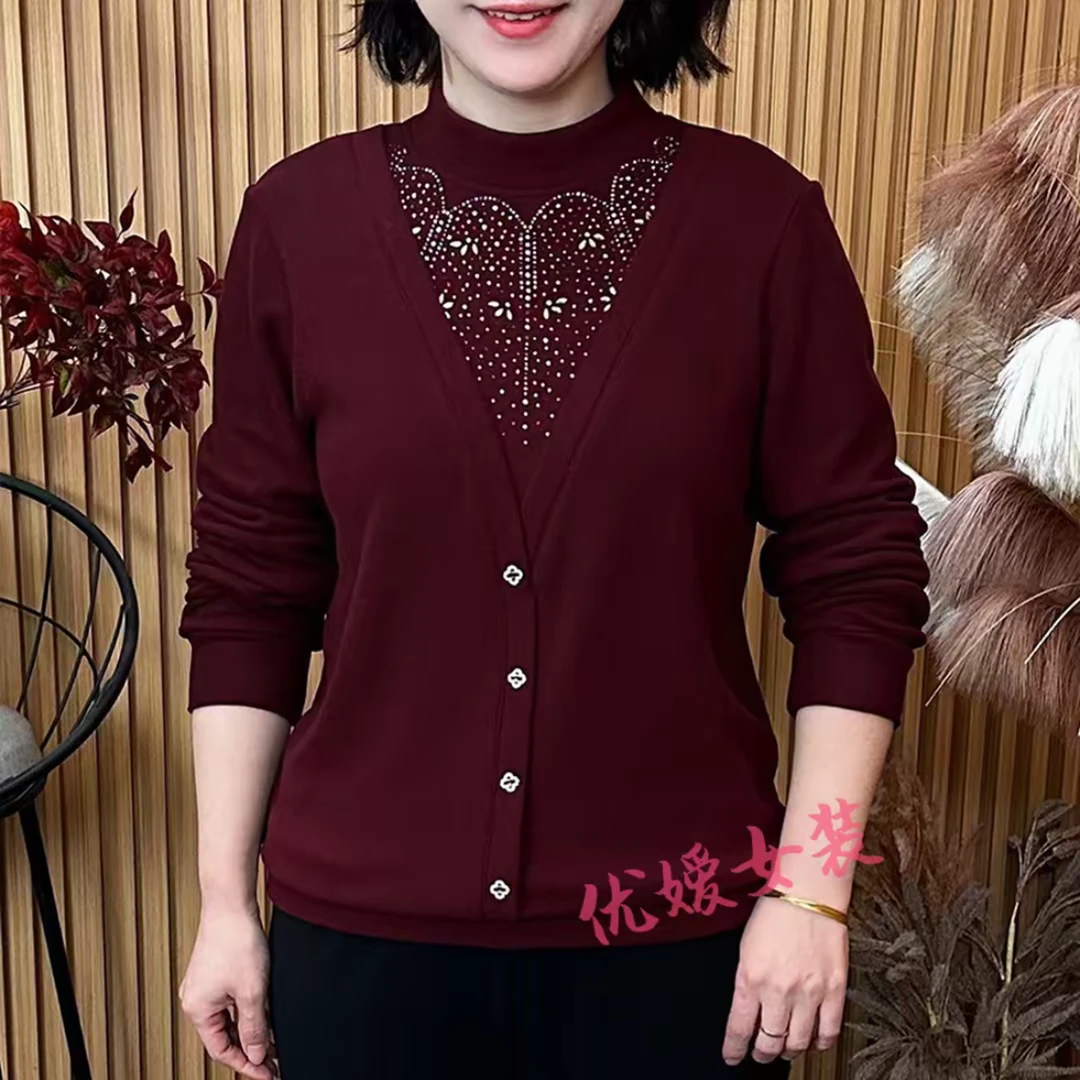 冬季新款双面绒假两件立领烫钻小香风保暖休闲妈妈装洋气纯色上衣
