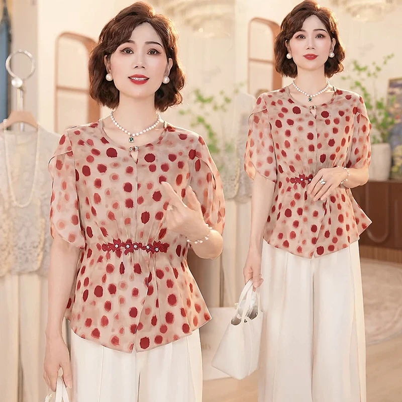 妈妈装夏季时尚套装气质上衣中老年女装夏装宽松洋气小衫两件套