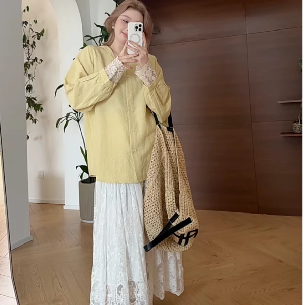 【瘦瘦】黄桃罐头-大码夏季V领莱赛尔麻蕾丝袖口水洗长袖衬衫S01439