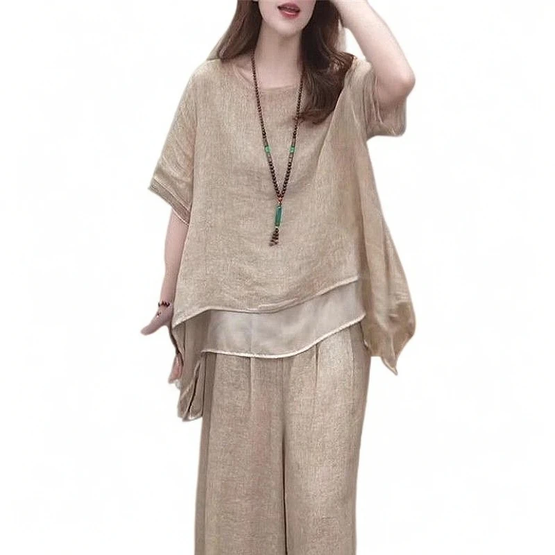 民族风时尚套装2025年新款文艺复古夏季大码复古时尚阔腿裤洋气