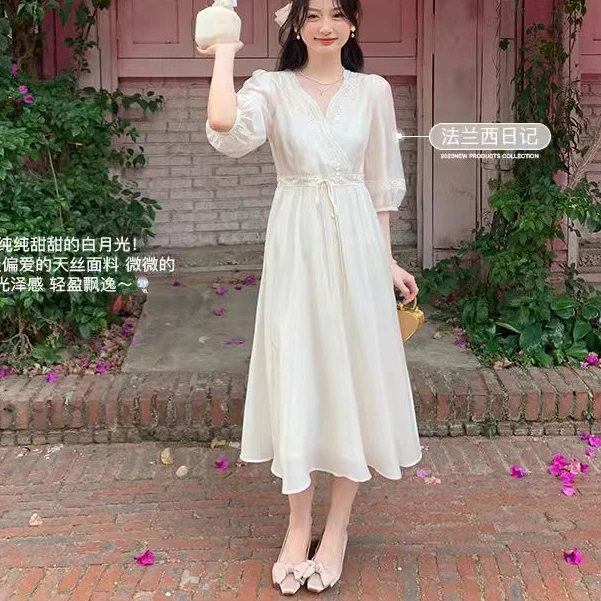 0211法式别致连衣裙女夏季重工收腰长裙女