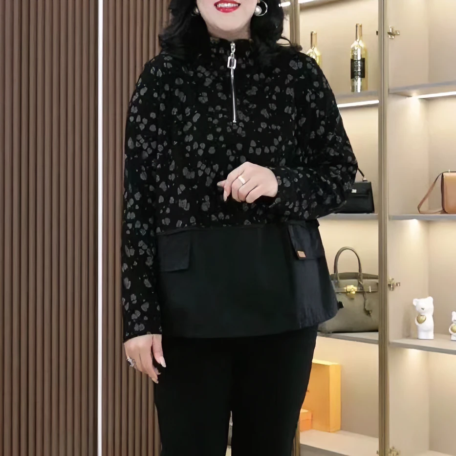 胖大旋定制大码女装2024冬季新款碎花气质拼接拉链显瘦衬衫ZB6236