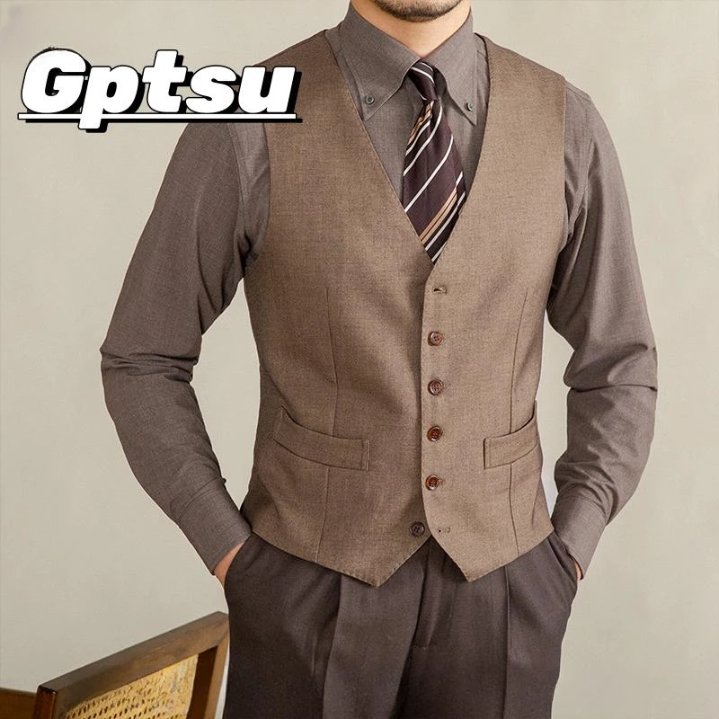 GPTSu绅士复古意式V领西装马甲修身百搭无袖坎肩背心时尚潮男上衣