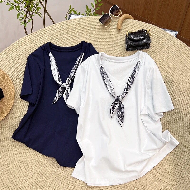 必魅吸汗V领短袖轻职风拼接T恤休闲2025夏装韩版国风32168大码