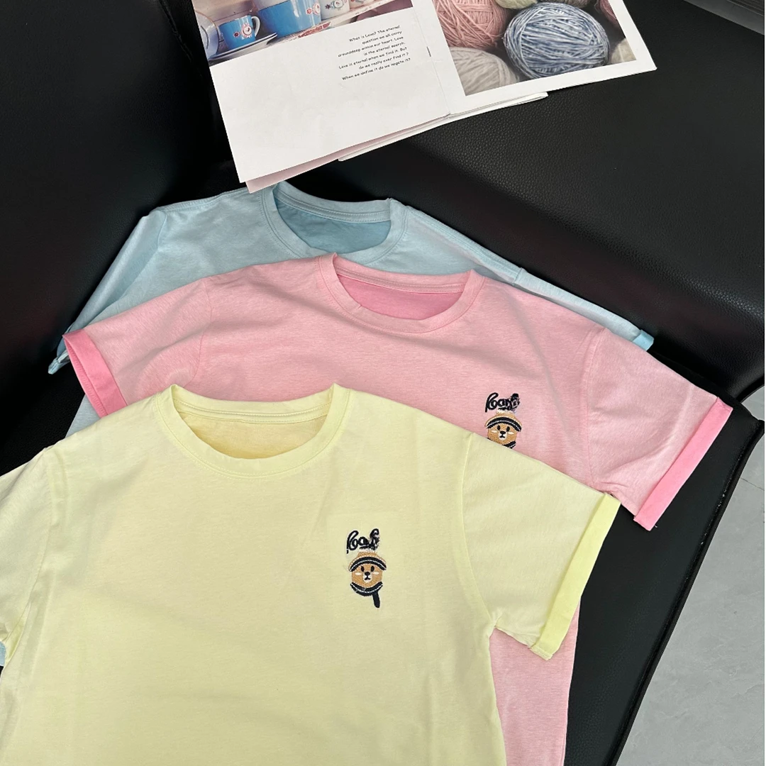 A099慵懒休闲男女童刺绣小熊圆领短袖