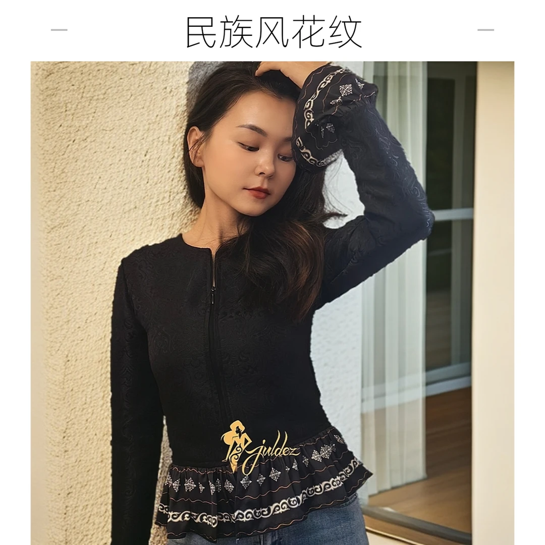 民族风花纹短款显瘦 修身长袖气质上衣 黑色百搭时尚