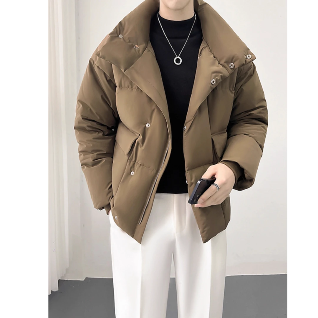 韩版大翻领羽绒服男秋冬加厚保暖宽松无帽外套高级感轻熟风面包服