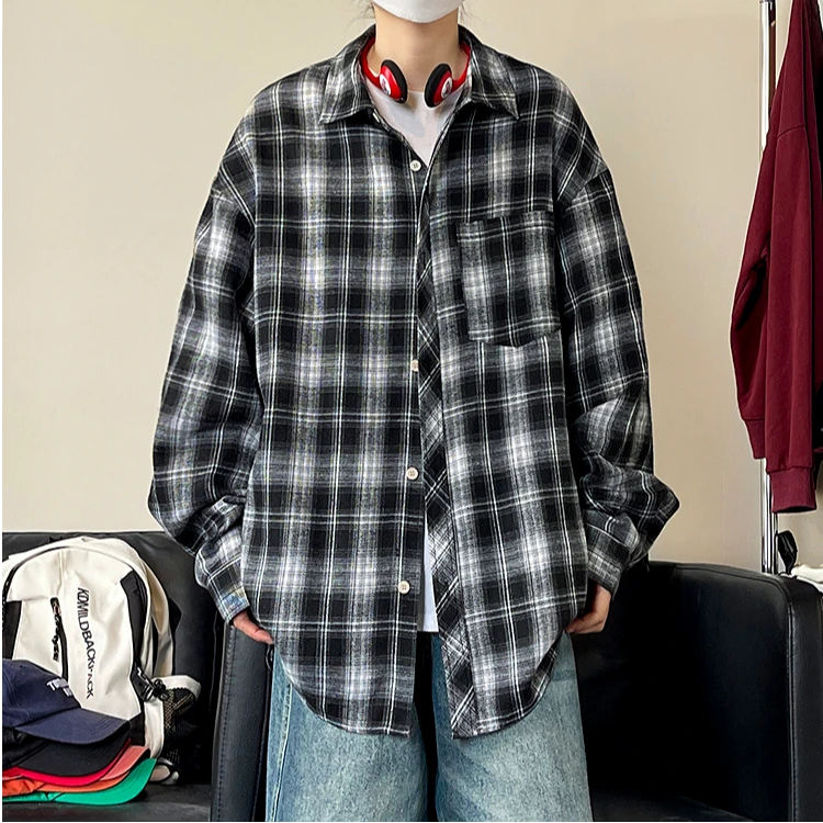 25《春》美式春秋潮牌格纹衬衫长袖休闲百搭宽松复古设计感衬衣男