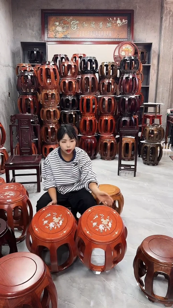 【闪购商品】花梨木类家具西非花梨色印花大号鼓凳一对