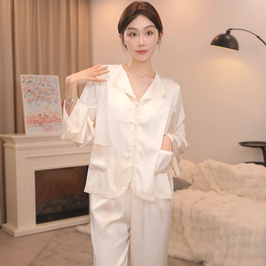 板栗小姐【雪悦】新款女春秋蕾丝甜美风高级家居服可外穿