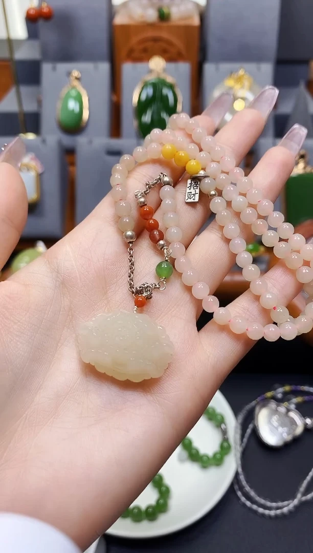 和田玉银S925镶嵌颈饰藕粉DIY项链