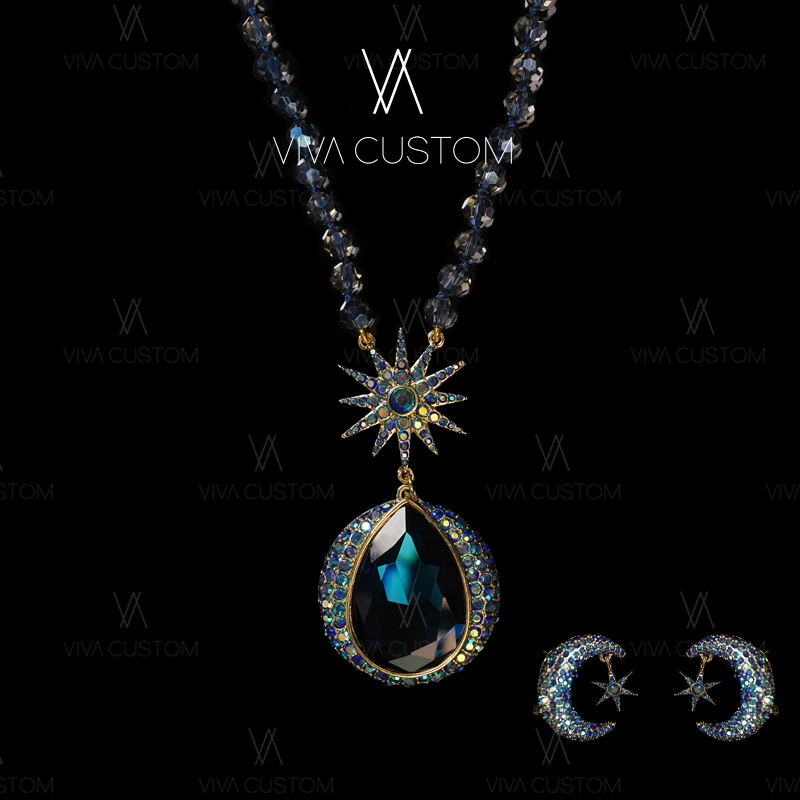 铜合金合成锆石耳饰 重工气质奢华星月套装