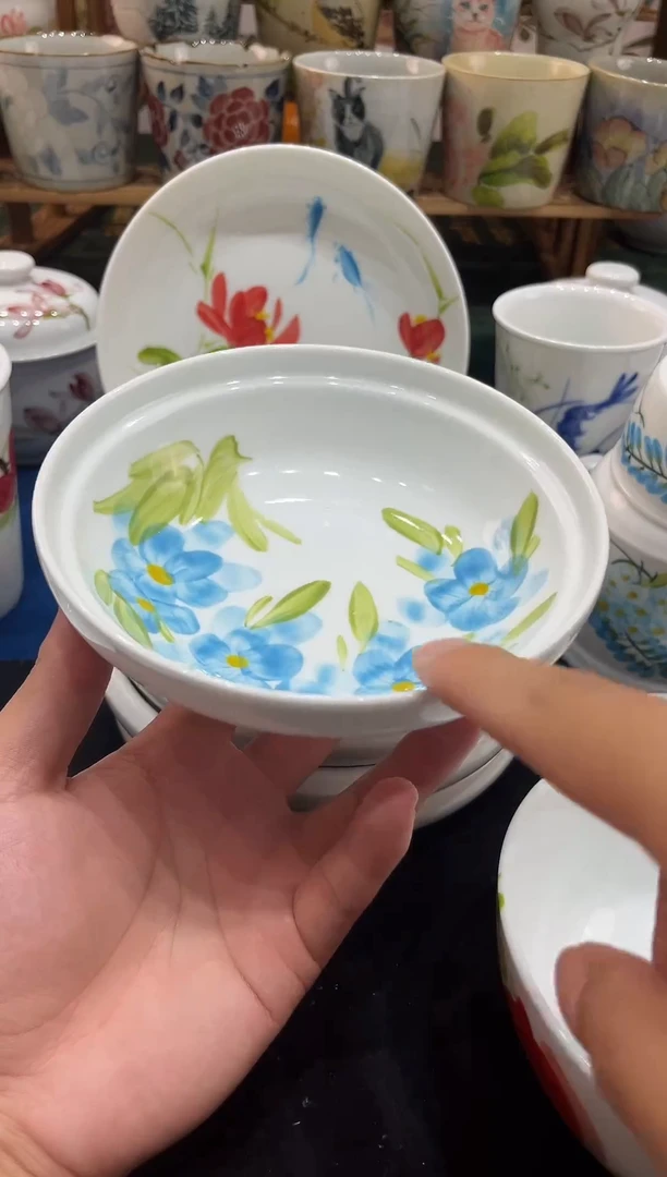 陶瓷景德镇高温釉下手工手绘高白泥陶瓷葫芦炖盘小蓝花