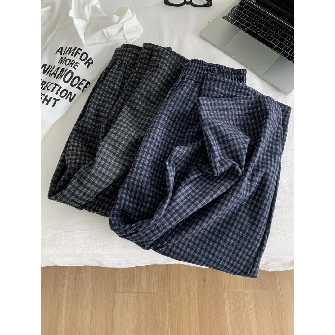 韩系复古灰蓝格毛呢裤秋季新款梨形身材显瘦百搭阔腿九分奶奶裤