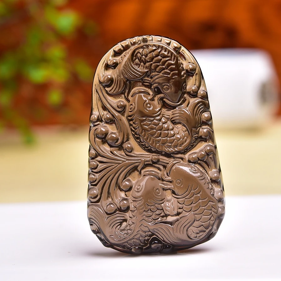 天然冰种黑曜石四季有鱼鲤鱼吊坠男士项链年年有余挂坠男女款饰品