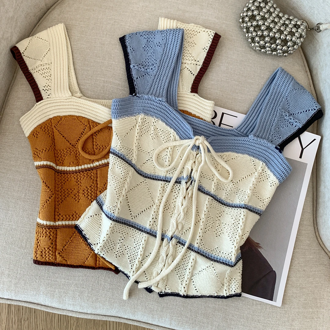 夏季性感修身短袖针织背心女夏季新款设计感抽绳洋气显瘦吊带小衫