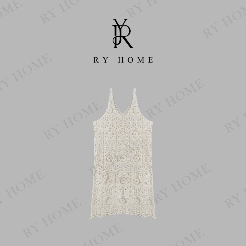 【容雨RYHOME】100%棉＋复古叠穿V领镂空钩花吊带裙251L1330