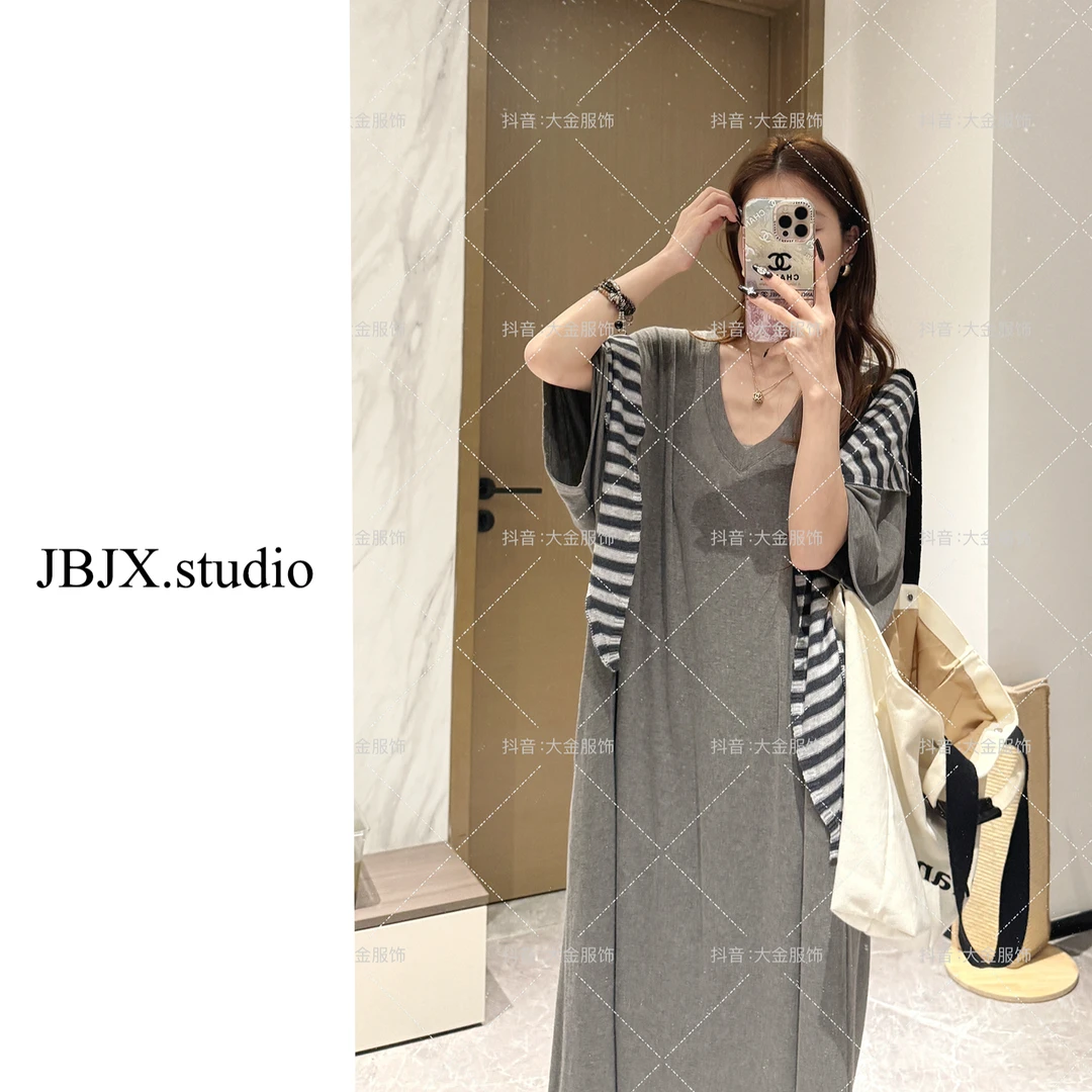 JBJX【简意时光 v领长款连衣裙】夏季显瘦气质针织中长款百搭外穿