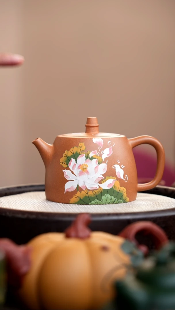 茶壶紫砂金砂段泥汉铎泥绘荷花
