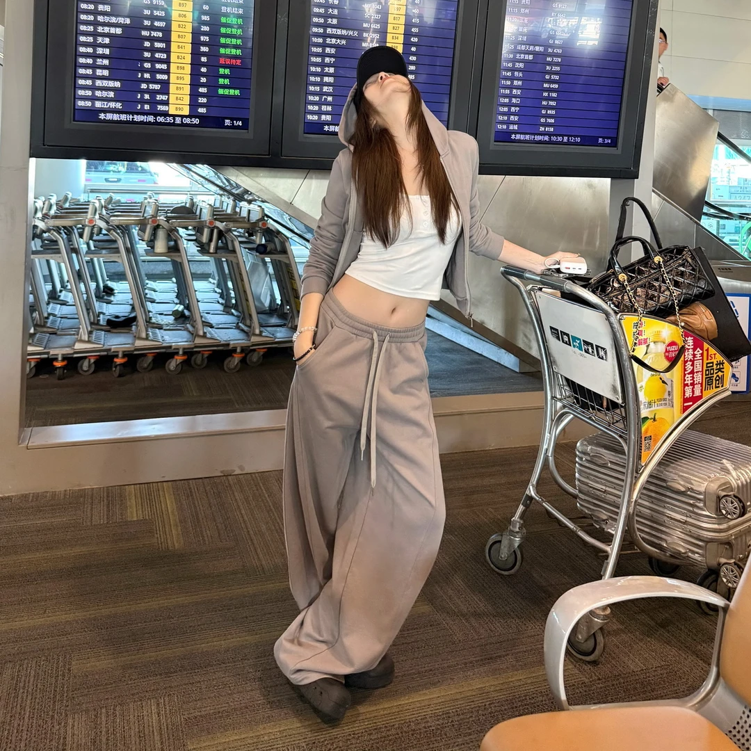 时尚休闲灰色连帽卫衣外套女装2025年秋季高腰显瘦阔腿裤两件套