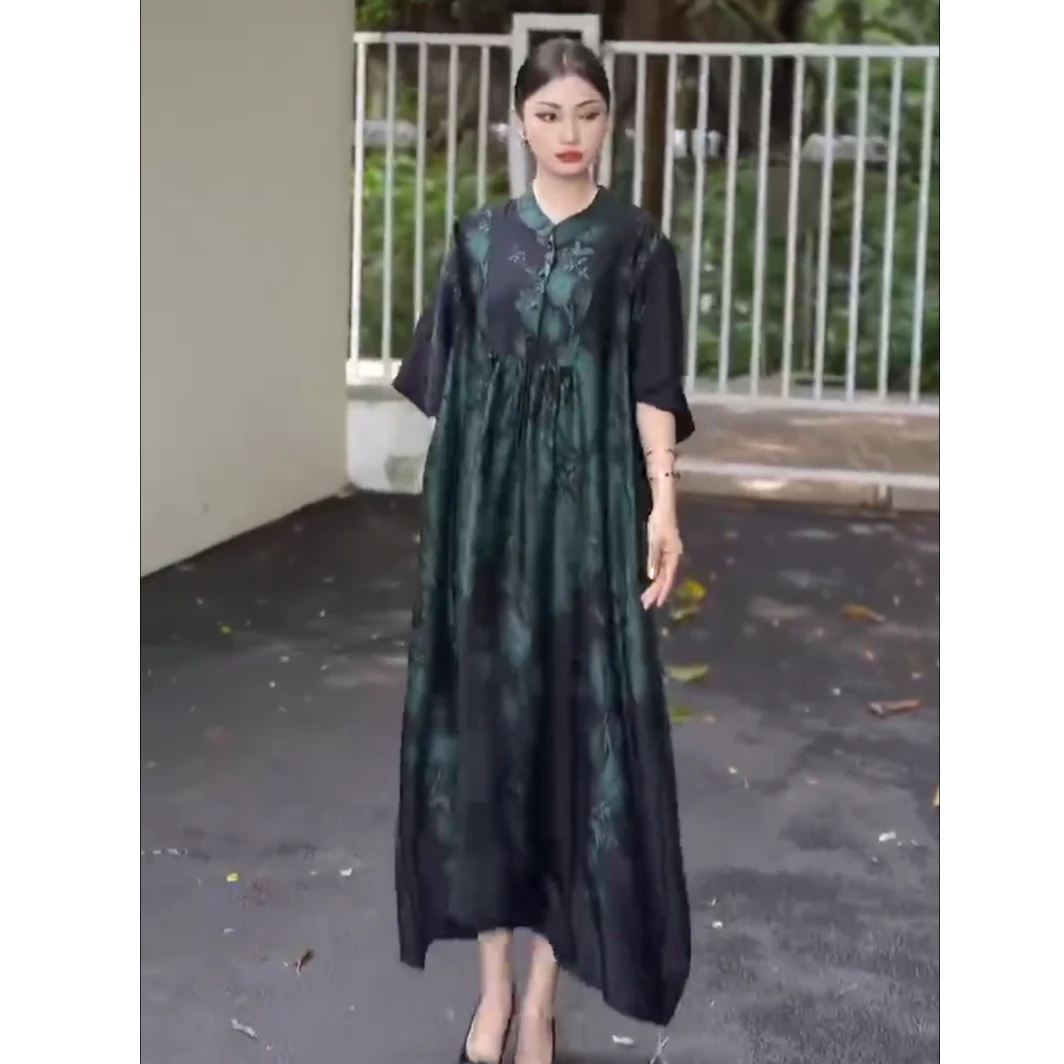 25113 民族风时尚大方花卉立领气质连衣裙