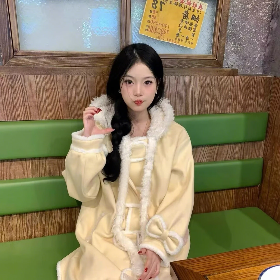 冬日小奶包  牛角扣过膝长款大衣拼接毛毛日系连帽外套秋冬季女装