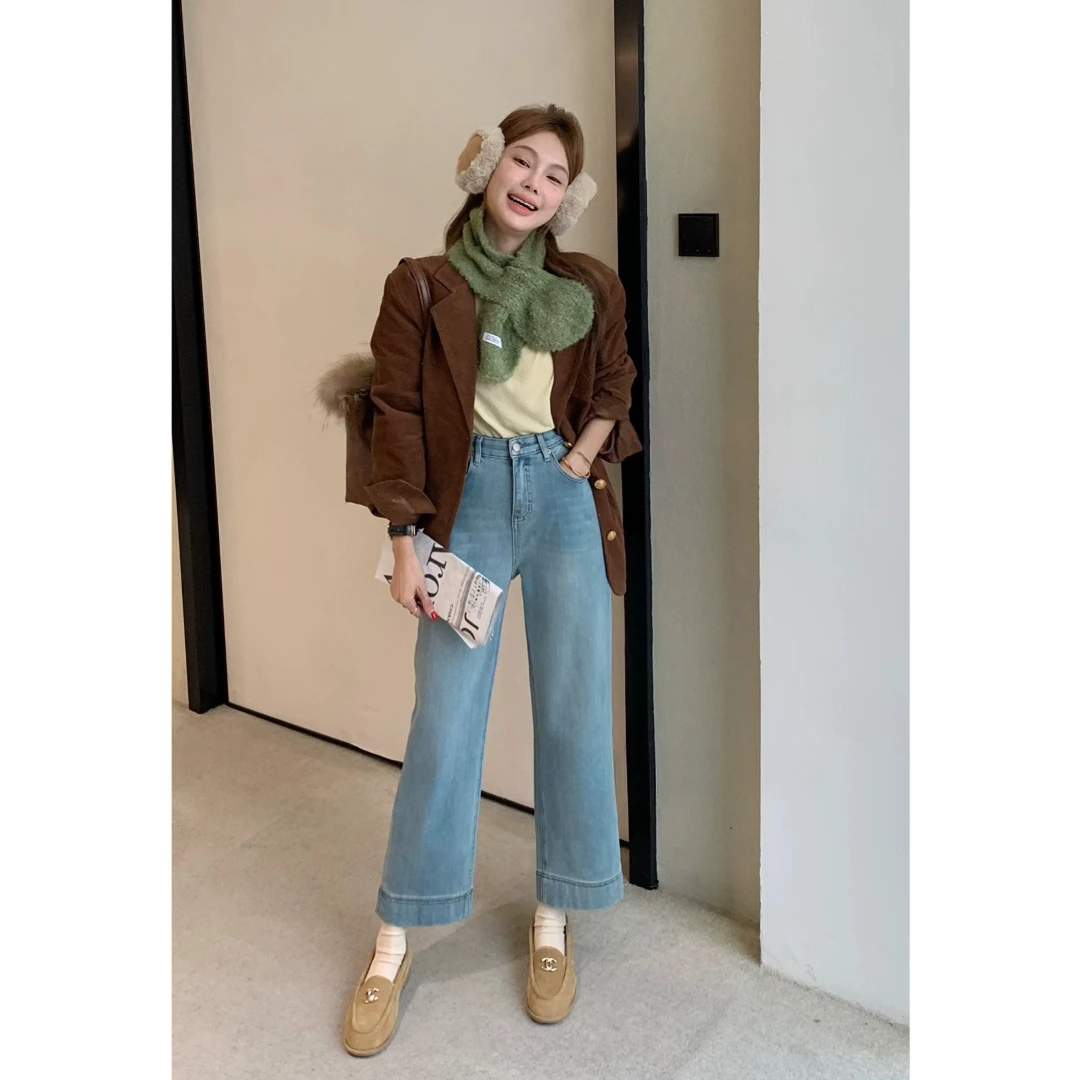 秋款四面弹九分牛仔裤宽松阔腿女小个子高腰显瘦九分裤奶奶裤