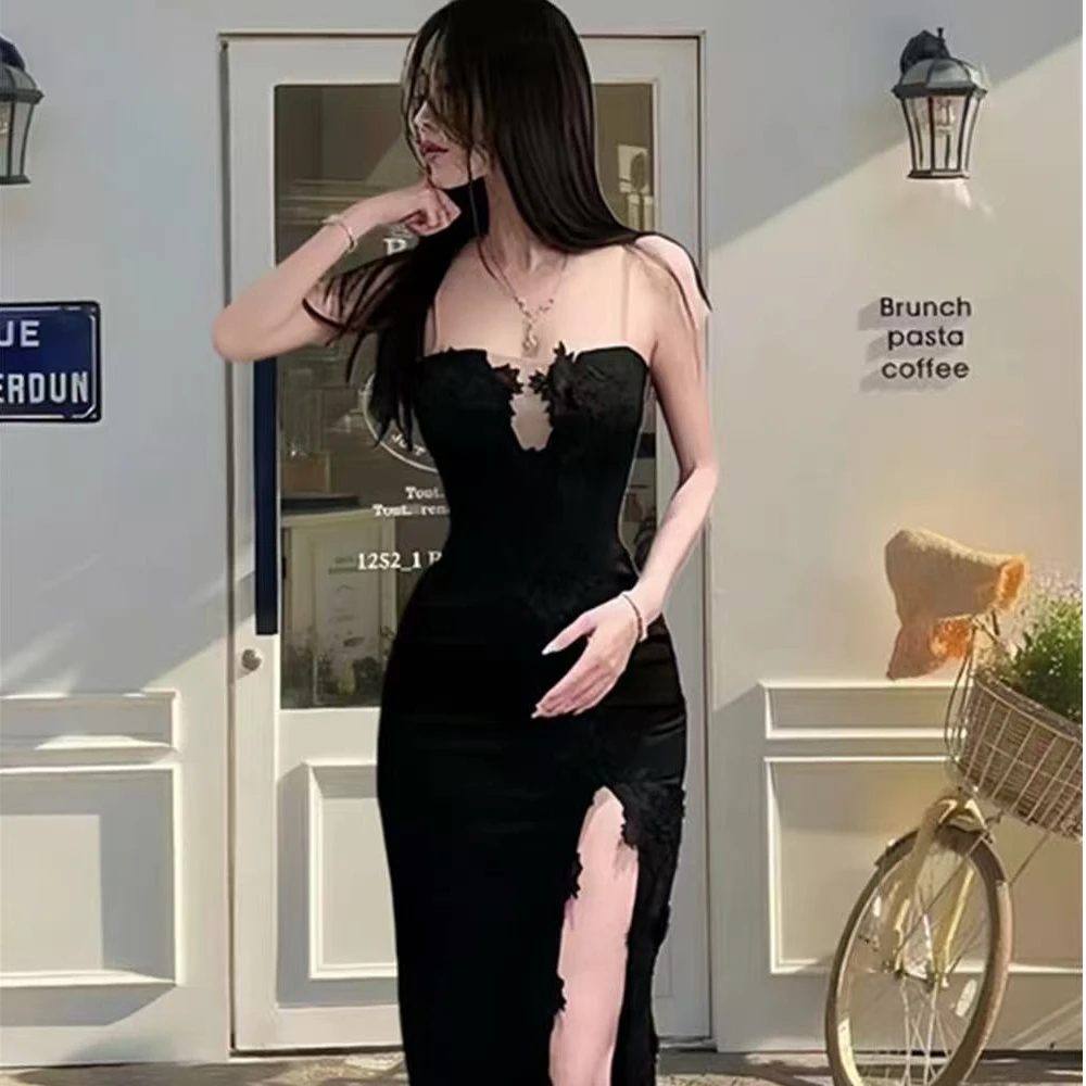 黑色吊带裙别致设计立体花朵开叉性感连衣裙