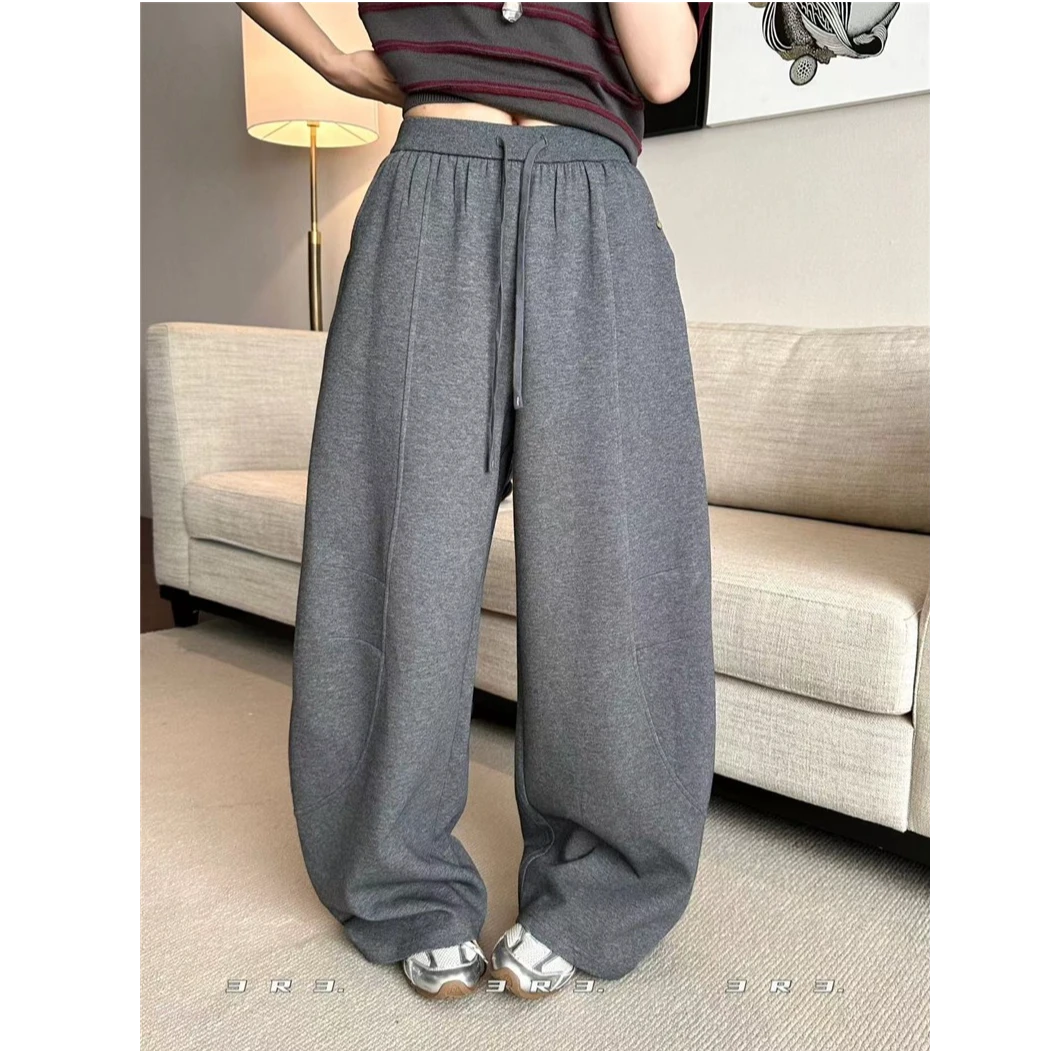 秋冬潮牌阔腿宽松灰色卫裤女高腰垂感拼接休闲裤韩版运动弯刀裤