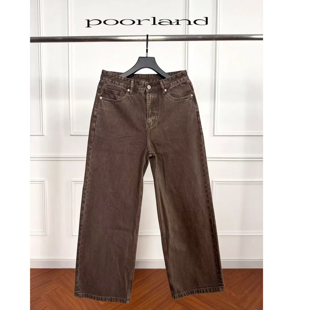 [棕色水洗牛]14.5盎司阿苏特染直筒阔腿A字牛仔裤PoorLandCN2号店
