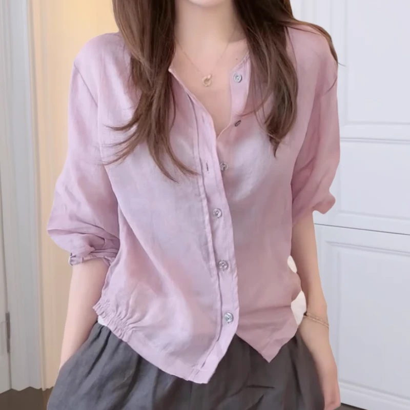 洋气休闲纯色衬衫简约时尚七分袖衬衣LK2503350