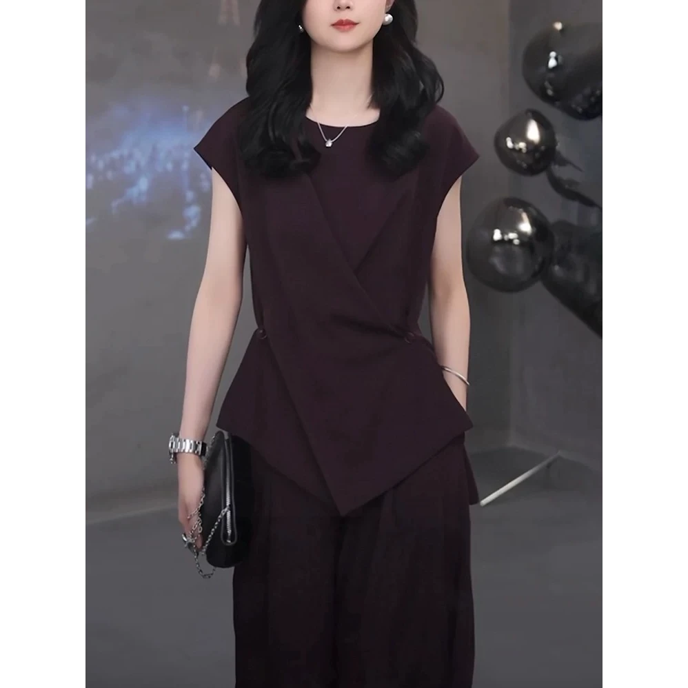【两件套】老钱风高级感时尚气质套装设计感短袖上衣+休闲裤女D1841