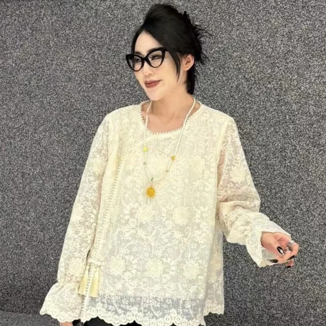 M263欧货显瘦宽松法式宽松纯色洋气圆领蕾丝韩版通勤网红上衣女