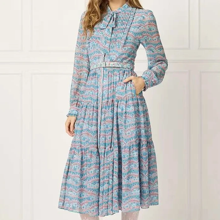 2025初夏新品泡泡袖蝴蝶结领长春花碎花连衣裙0752