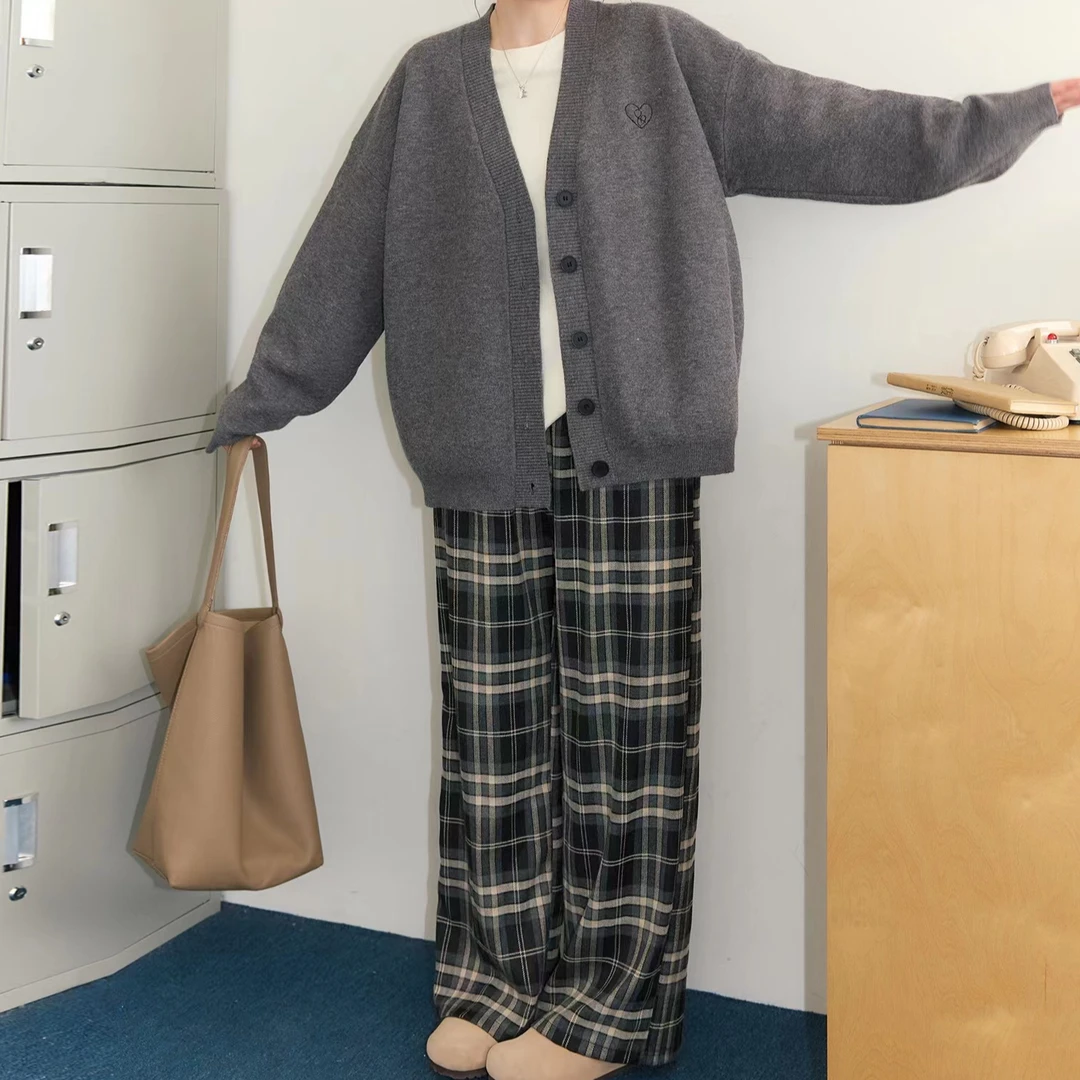 F4111秋季2025女装显瘦休闲裤韩系减龄格纹休闲裤